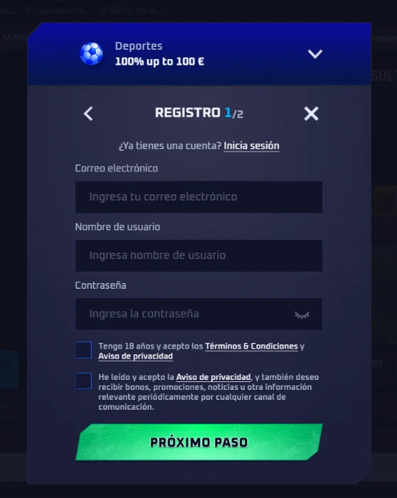 Sportaza Casino Registro de Cuenta Sportaza Casino formulario de registro con bono de deportes