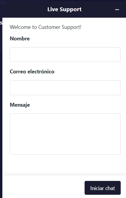 Sportaza Casino Soporte en Vivo Sportaza Casino ventana de chat de soporte en vivo con formulario de contacto